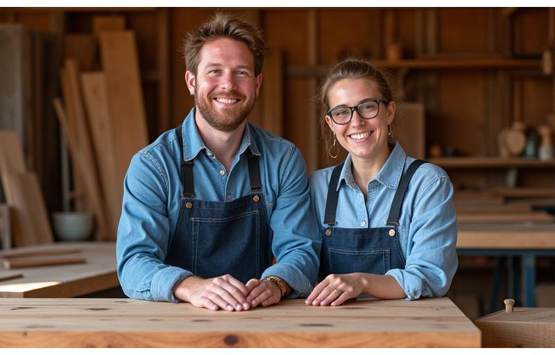 Co-founders Liam and Chloe in their workshop, surrounded by timber